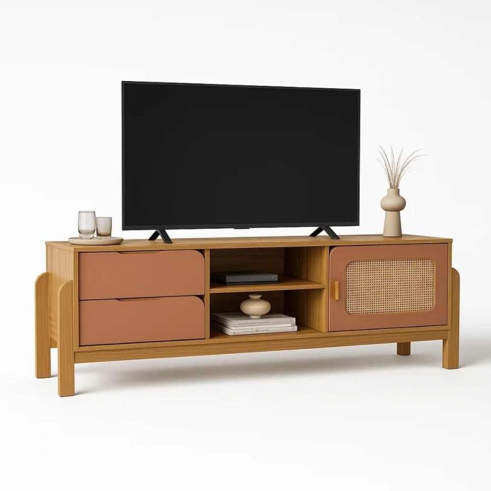 Rack para TV Daisy com Detalhe Palha 3D e Gavetas - Carvalho/Terracota