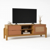 Rack para TV Daisy com Detalhe Palha 3D e Gavetas - Carvalho/Terracota
