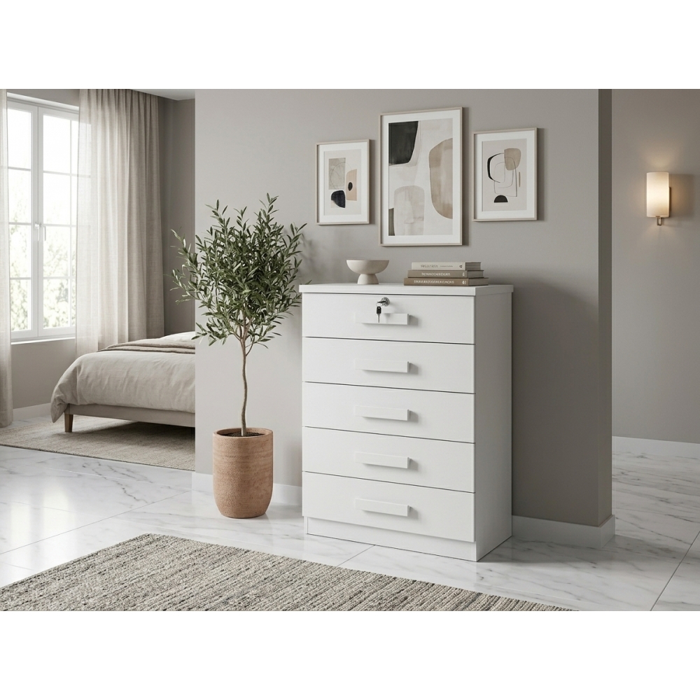 Cômoda Tulsa 5 Gavetas 100% MDF com Chave e Tampo 25mm - Branco