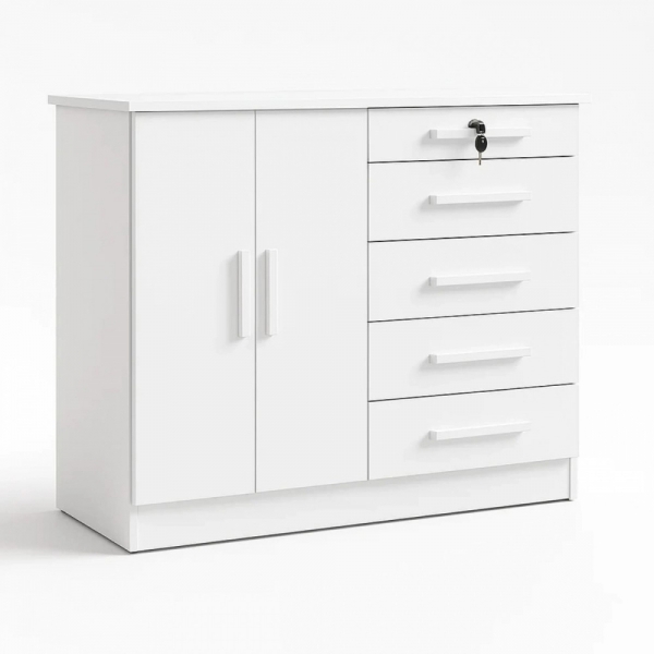 Cômoda Columbus 5 Gavetas com Tampo 25mm e Chave - Branco