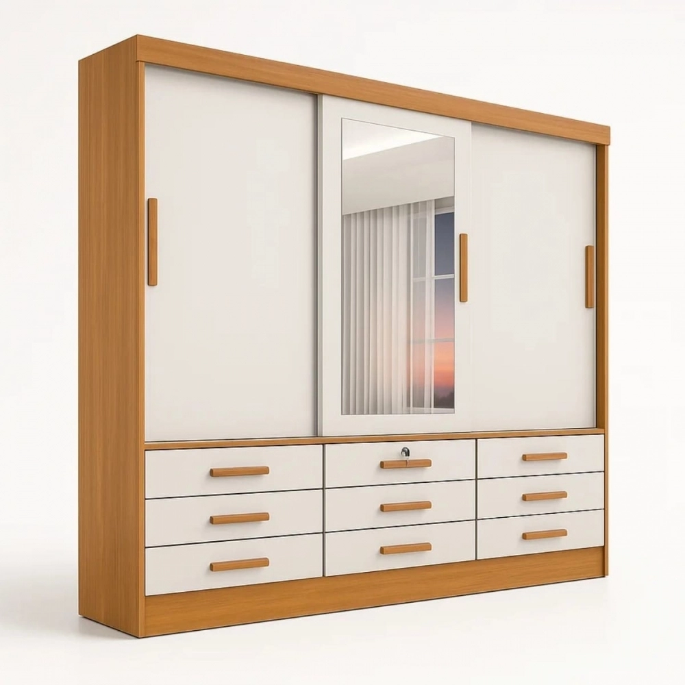 Guarda-Roupa Casal Tucson 3 Portas de Correr e 9 Gavetas - Cinamomo/Off White