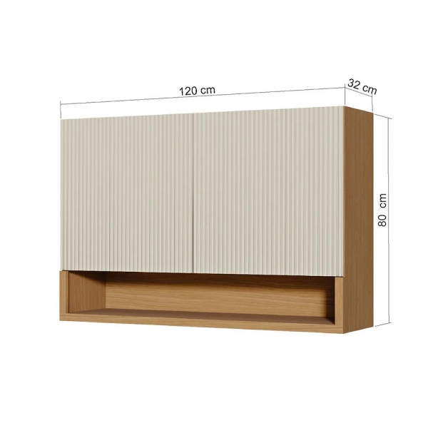 Armário Aéreo Simone Mendes 1.20m Duas Portas Ripado MDF - Carvalho/Greige