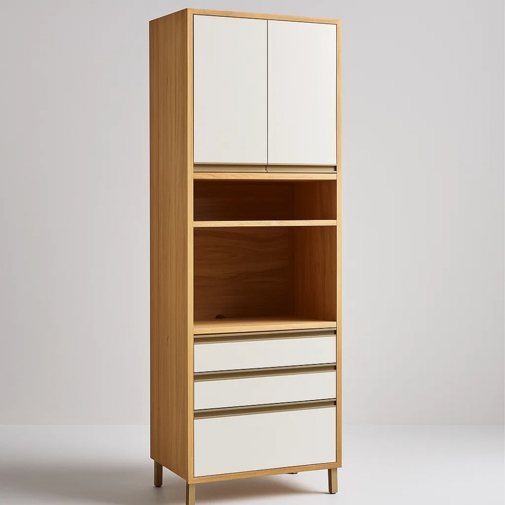 Paneleiro Andirá para Micro-ondas com 4 Portas e 3 Gavetas - Amêndoa/Off White