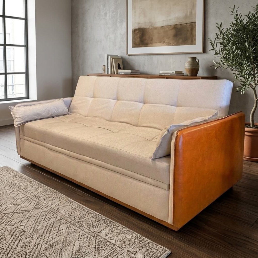 Sofá-Cama Copacabana com Baú 3 Lugares Assento em Espuma D26 - Bege/Corino