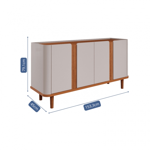 Buffet Charlotte 1.53m 4 Portas Ripadas e Dobradiça Soft Close - Off White/Cinamomo