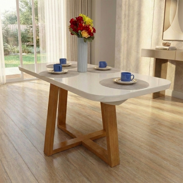 Mesa de Jantar 6 Lugares Coimbra Tampo de Vidro - Off White/Nature