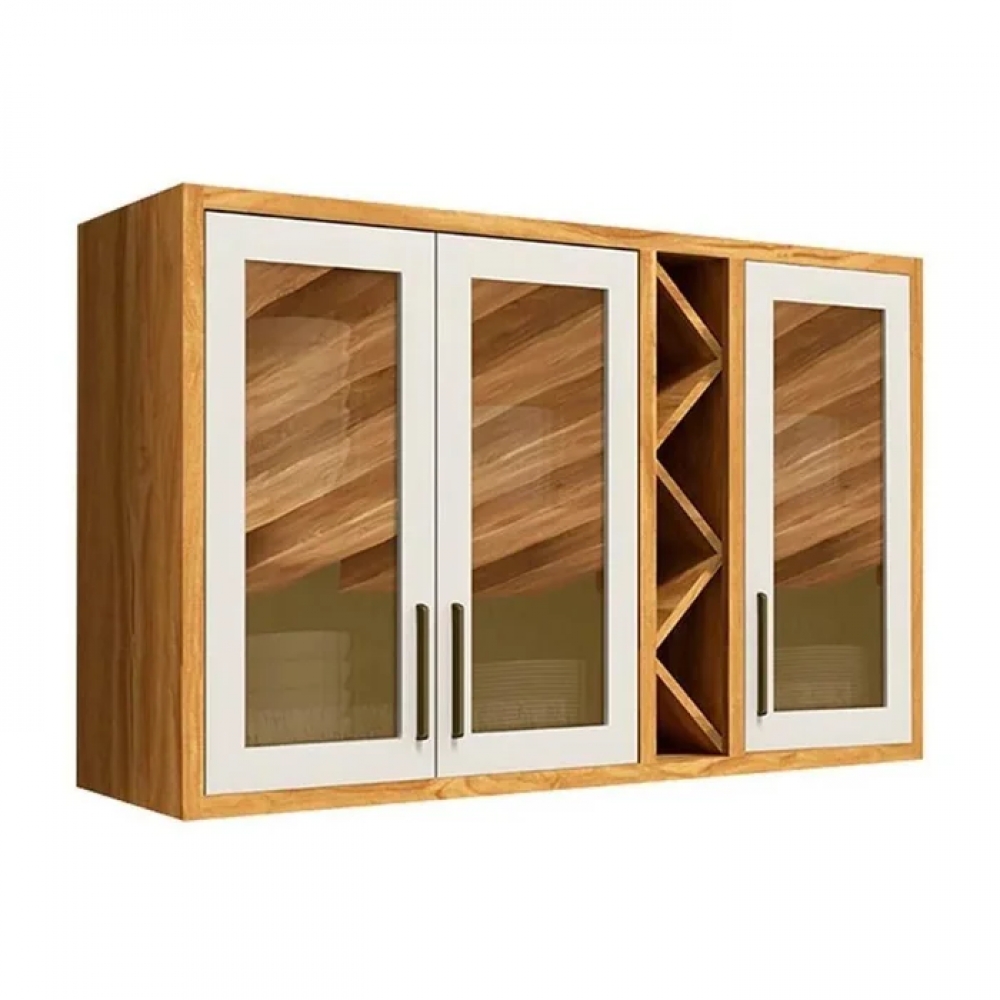 Armário Aéreo de Cozinha Andirá 1.20m com Porta Vidro Reflecta - Amêndoa/Off White