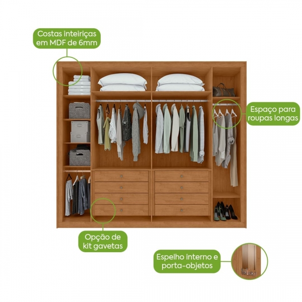 Guarda-Roupa Casal Virtus 6 Portas e 6 Gavetas 100% MDF - Amêndoa/Off White