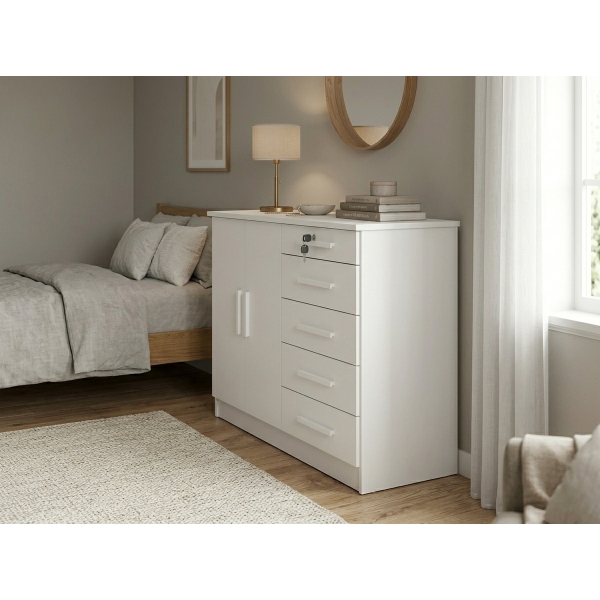 Cômoda Columbus 5 Gavetas com Tampo 25mm e Chave - Branco