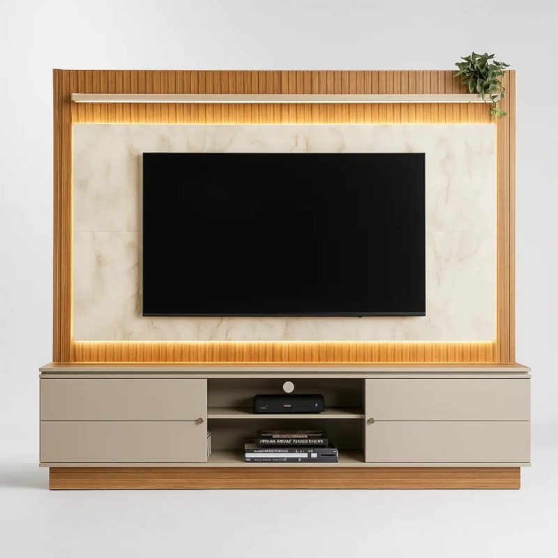 1 9 Estante Home TV Saragoça com Iluminação em LED e Ripado – Nature e Off White – Suporte para TV até 75"
