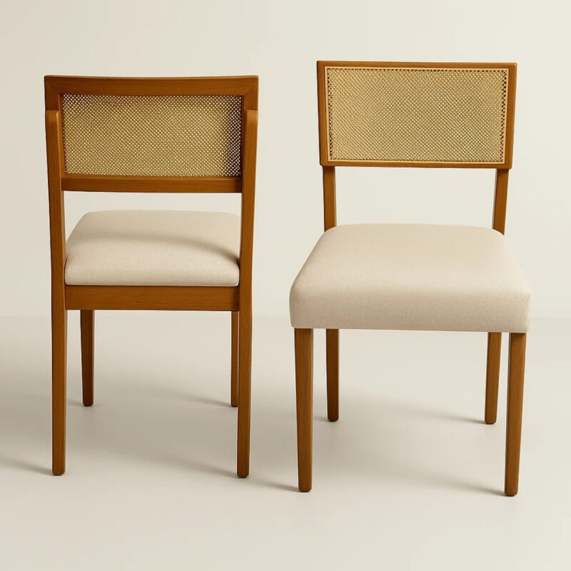 Mesa de Jantar com painel Colonia com 4 cadeiras com rattan