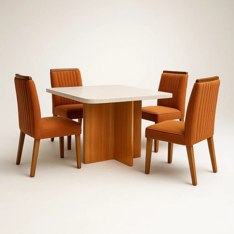 1 8 Mesa de jantar marmorizada Dallas 90x90 com 4 cadeiras de Boucle Terracota