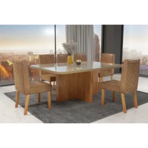Mesa emeralda perolada com 6 cadeiras couro terracota