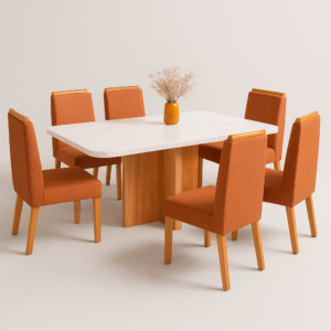 Mesa de jantar marmorizada Dallas 180x90 com 6 cadeiras de Boucle Terracota