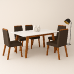 Mesa Arizona Off White 160×090 com 6 cadeiras veludo luxo marrom