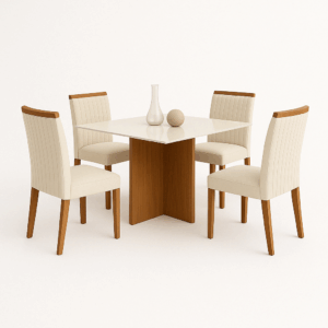 Mesa de jantar marmorizada Dallas 90x90 com 4 cadeiras de Boucle Branco