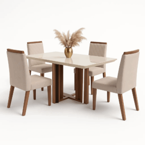 Mesa Segovia Off White com 4 cadeiras Veludo Bege