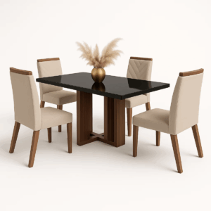 Mesa Segovia Grafite com 4 cadeiras Veludo bege