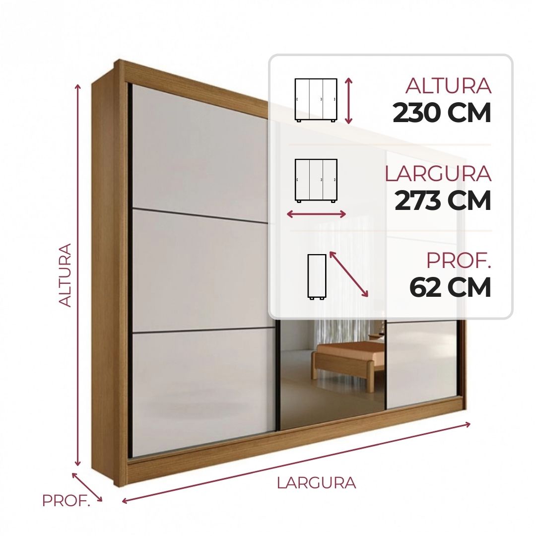 Guarda-roupa com espelho 3 portas 6 gavetas Los Angeles Cinamomo Off White