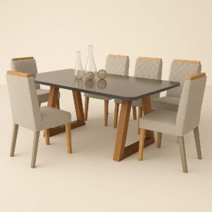 Mesa Santarem Grafite 180x090 com 6 cadeiras linho gelo