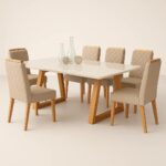 Mesa Santarem Off White 180x090 com 6 cadeiras linho bege