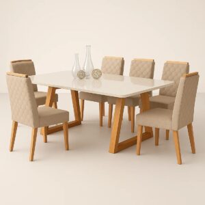 Mesa Santarem Off White 180x090 com 6 cadeiras linho bege