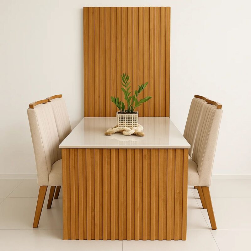 Mesa de Jantar com painel Colonia com 4 cadeiras com rattan