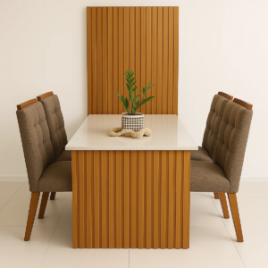 Mesa de Jantar com painel Colonia com 4 cadeiras linho marrom acinzentado