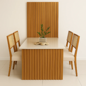 Mesa de Jantar com painel Colonia com 4 cadeiras com rattan