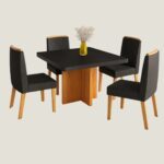 Mesa de jantar marmorizada Texas 90x90 com 6 cadeiras de couro preto