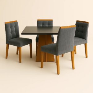 Mesa de Janta de Porto Naturale/Off com 4 cadeiras veludo luxo cinza