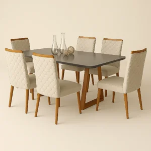 Mesa Santarem Grafite 180x090 com 6 cadeiras linho bege