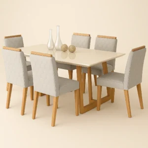 Mesa Santarem Off White 180x090 com 6 cadeiras linho gelo