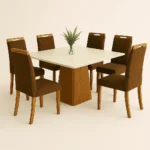Mesa Bragrança Off White 135x135 com 6 cadeiras veludo luxo marrom