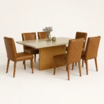 Mesa emeralda perolada com 6 cadeiras couro terracota