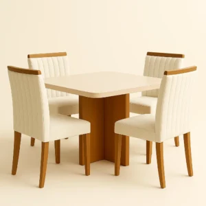 Mesa de jantar marmorizada Dallas 90x90 com 4 cadeiras de Boucle Branco