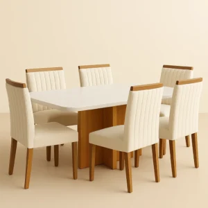 Mesa de jantar marmorizada Dallas 180x90 com 6 cadeiras de Boucle Branco