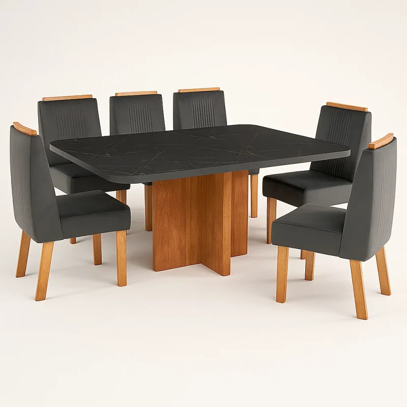 assets task 01jyhpawbsf67a44w1q85n3532 1750793138 img 0 Mesa de jantar marmorizada Texas 180x90 com 6 cadeiras de couro preto