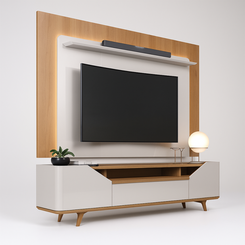 20250709 1513 Studio Furniture Presentation remix 01jzr6346we5trt7qtn9xt73cs Conjunto Painel e Rack Bégonia 2P 260x114 - Off White/Nature
