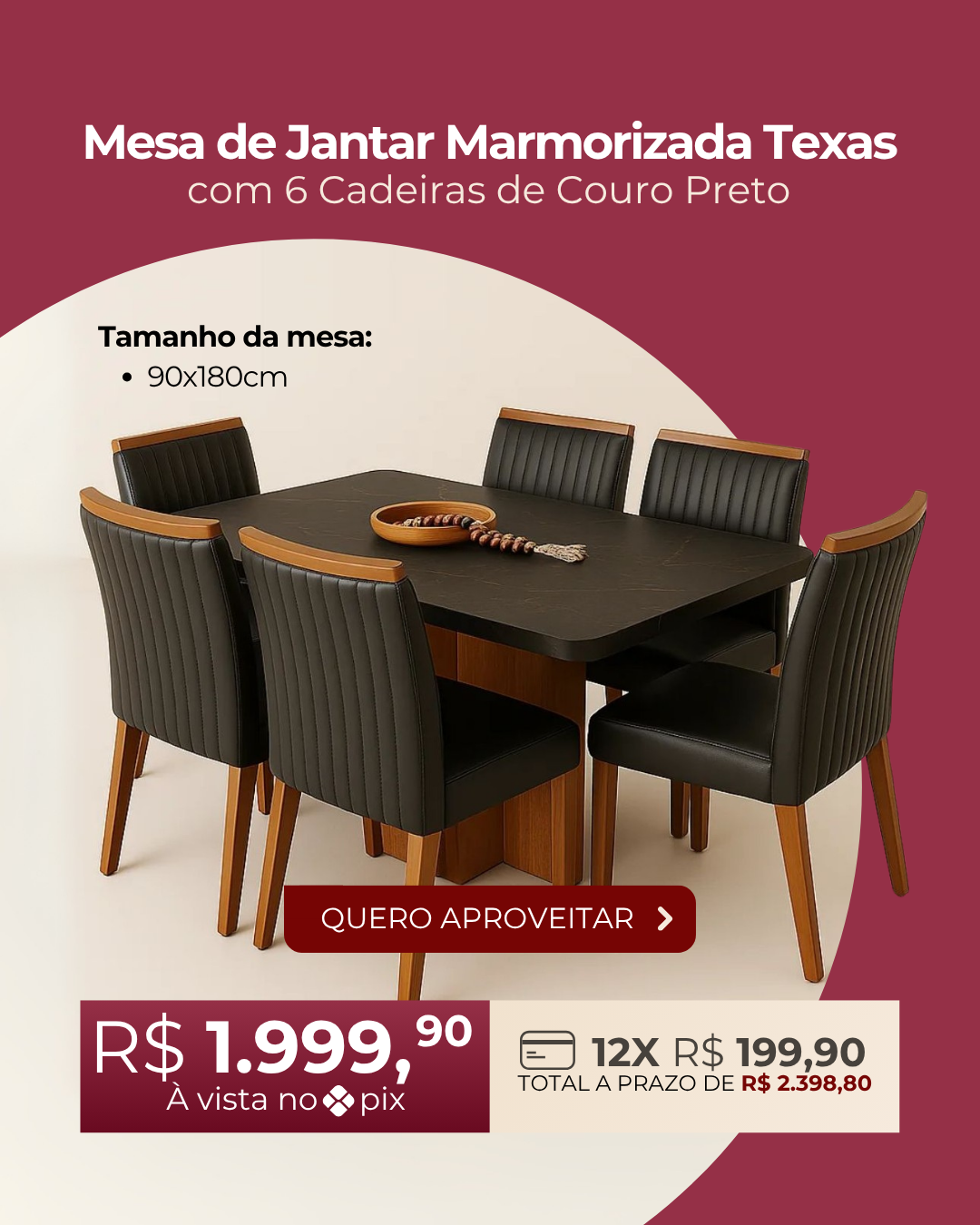 Mesa de Jantar Marmorizada Texas com 6 Cadeiras Home